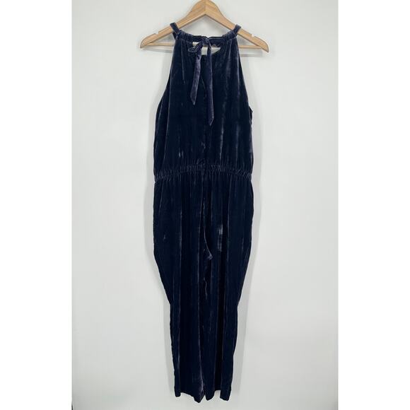 Ann Taylor LOFT Halter Crushed Velvet Jumpsuit Tie Back Straight Leg Blue Petite - Picture 8 of 13